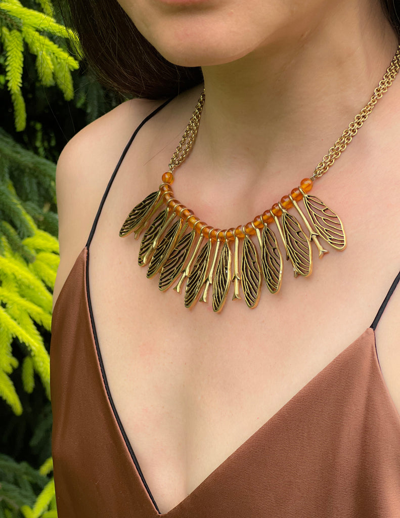 Cicada Wing Bibb Necklace with Amber