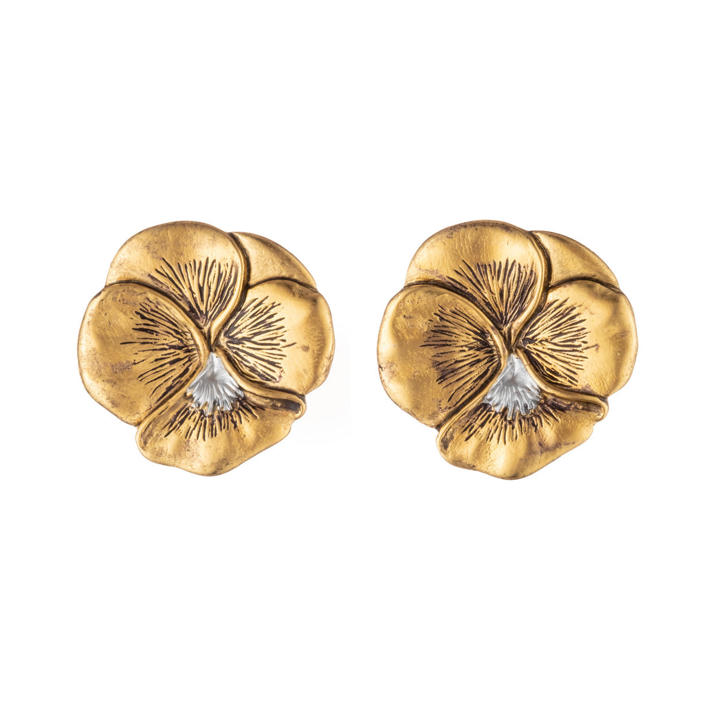 Clip pansy earrings in antique gold with silver highlights