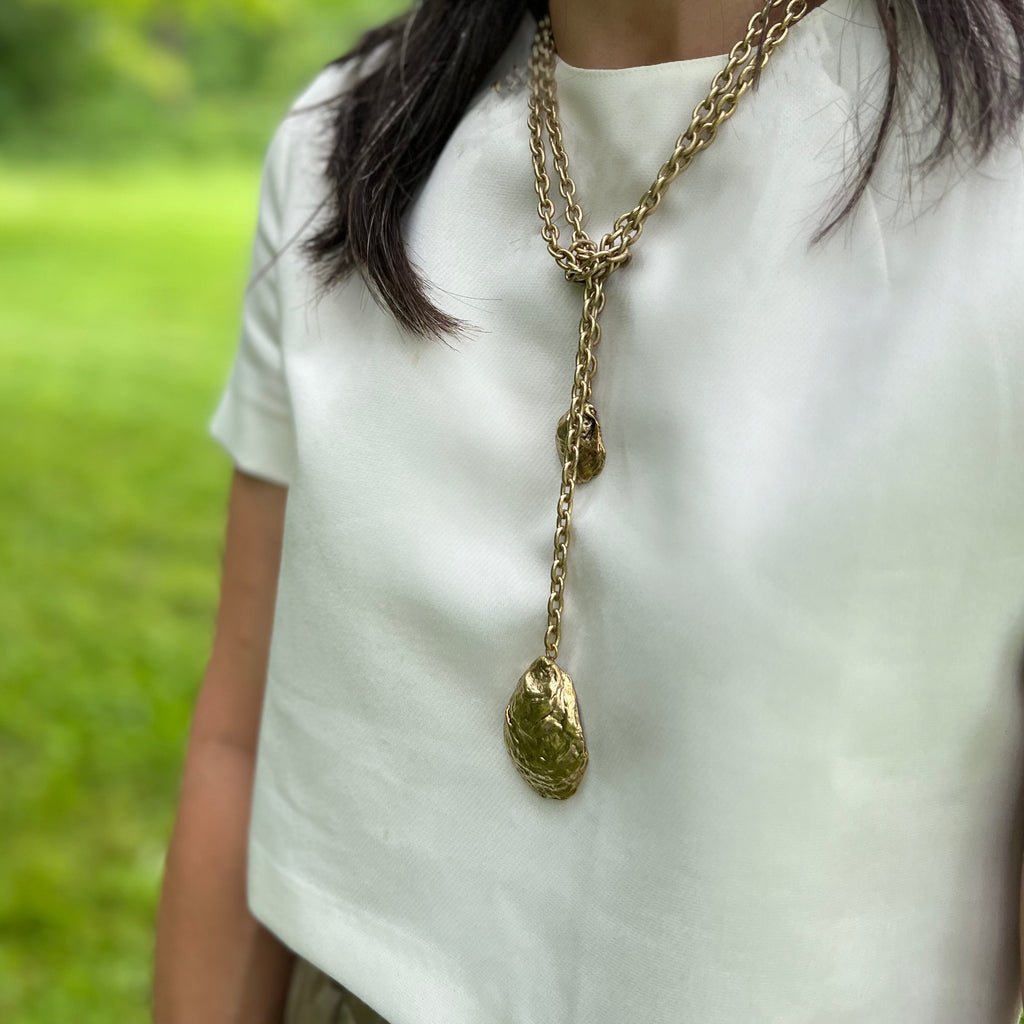 Double Oyster Necklace in gold  by Janet Mavec 